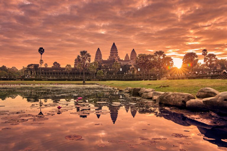 View of Angkor Wat at sunrise, Archaeological Park in Siem Reap, Cambodia UNESCO World Heritage Site