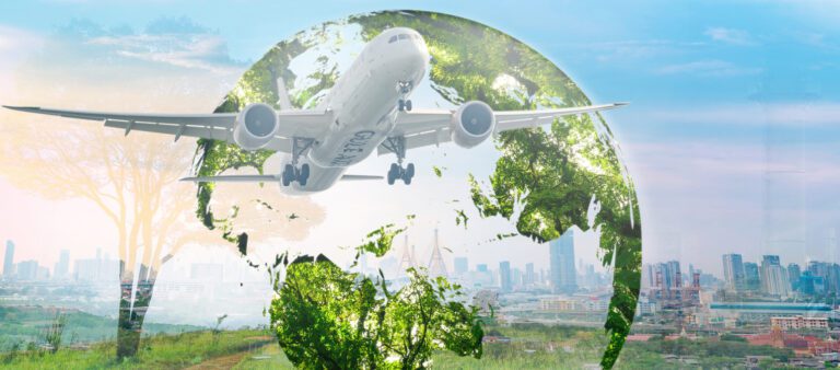 Sustainable aviation fuel concept. Net zero emissions flight. Sustainability transportation. Eco-friendly aviation fuel. Air travel. Future of flight with green innovation